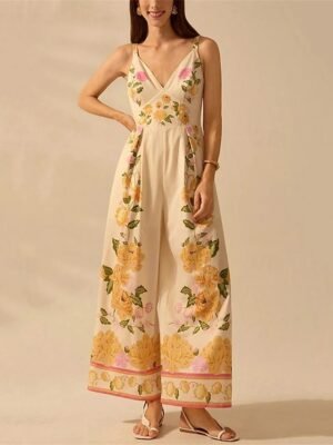 Casual Regular Fit Floral V Neck Sleeveless Wide Leg Jumpsuit - Image 1