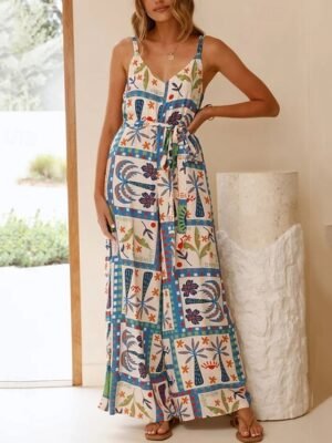 Casual Regular Fit Floral V Neck Sleeveless Wide Leg Jumpsuit - Image 1