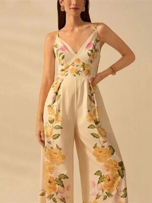 Casual Regular Fit Floral V Neck Sleeveless Wide Leg Jumpsuit - Image 2