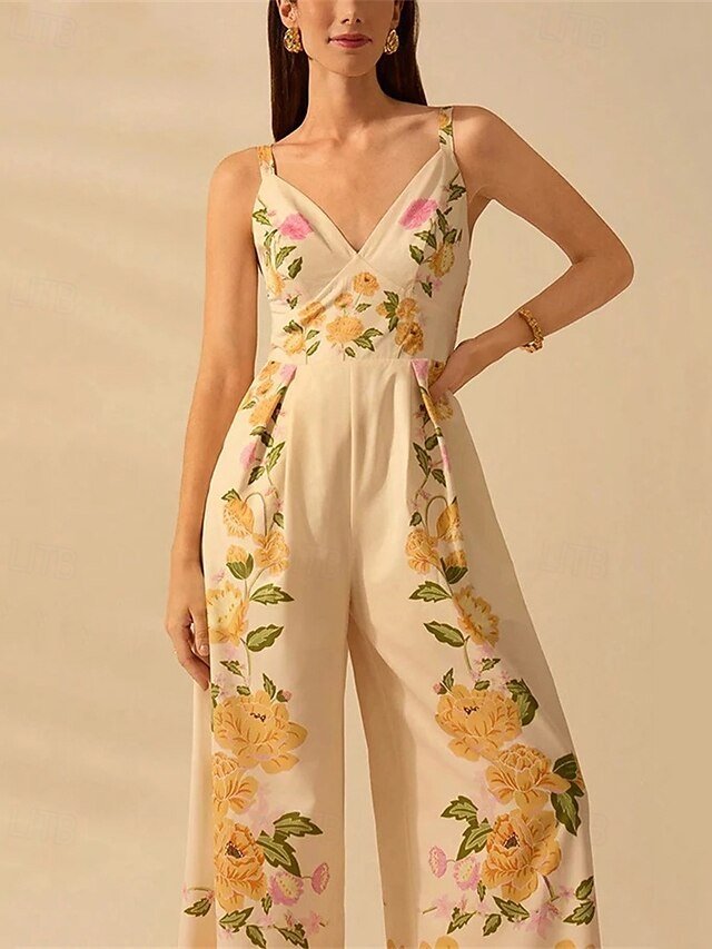 Casual Regular Fit Floral V Neck Sleeveless Wide Leg Jumpsuit - Image 2