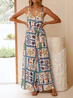 Casual Regular Fit Floral V Neck Sleeveless Wide Leg Jumpsuit - Image 2