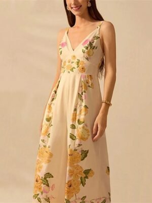 Casual Regular Fit Floral V Neck Sleeveless Wide Leg Jumpsuit - Image 3