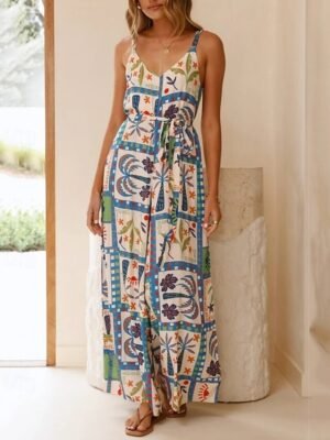 Casual Regular Fit Floral V Neck Sleeveless Wide Leg Jumpsuit - Image 3