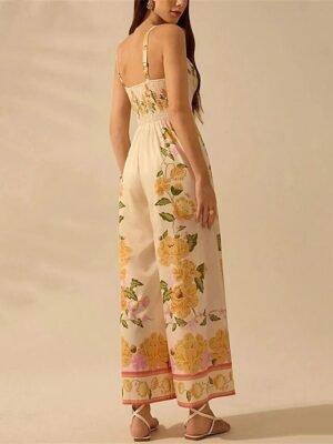 Casual Regular Fit Floral V Neck Sleeveless Wide Leg Jumpsuit - Image 4