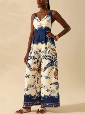 Casual Regular Fit Floral V Neck Sleeveless Wide Leg Jumpsuit - Image 6