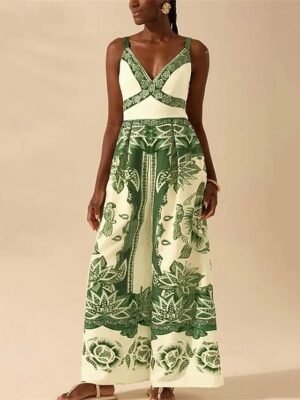 Casual Regular Fit Floral V Neck Sleeveless Wide Leg Jumpsuit - Image 7