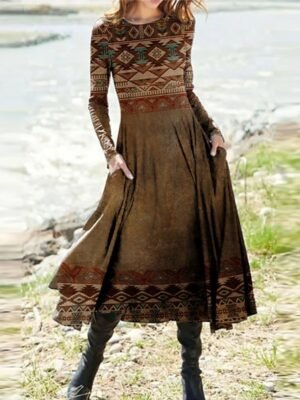 Casual Regular Fit Geometric Crew Neck Long Sleeve Midi Dress - Image 1