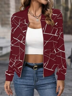Casual Regular Fit Geometric Stand Collar Long Sleeve Bomber Jacket - Image 3