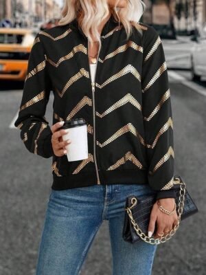 Casual Regular Fit Geometric Stand Collar Long Sleeve Short Bomber Jacket - Image 3