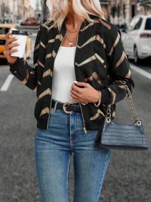 Casual Regular Fit Geometric Stand Collar Long Sleeve Short Bomber Jacket - Image 5