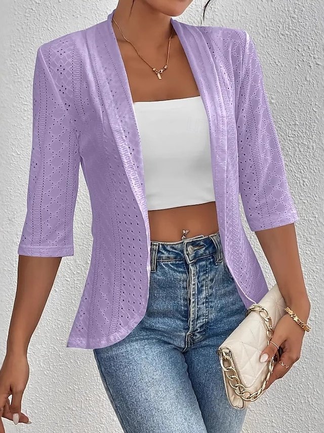Casual Regular Fit Lace Collarless 3/4 Length Sleeve Jacket - Image 2