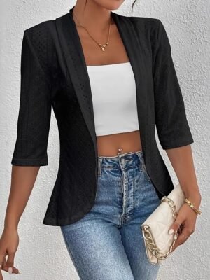 Casual Regular Fit Lace Collarless 3/4 Length Sleeve Jacket - Image 6