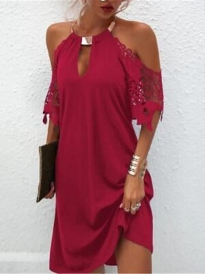 Casual Regular Fit Lace Halter Neck Sleeveless Mini Dress - Image 2