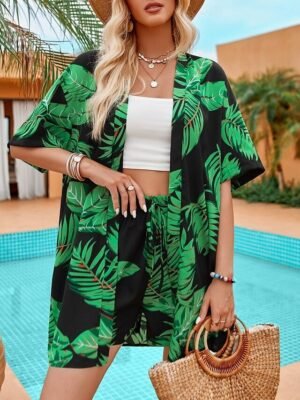 Casual Regular Fit Leaf Print Collarless Half Sleeve Jacket - Image 9