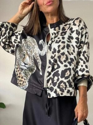 Casual Regular Fit Leopard Print Stand Collar Long Sleeve Bomber Jacket - Image 1
