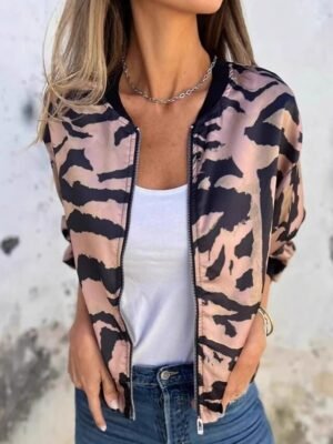 Casual Regular Fit Leopard Print Stand Collar Long Sleeve Bomber Jacket - Image 2