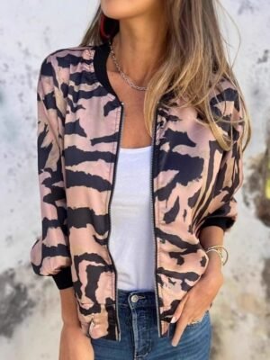 Casual Regular Fit Leopard Print Stand Collar Long Sleeve Bomber Jacket - Image 3