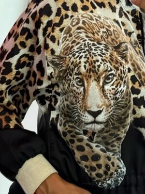 Casual Regular Fit Leopard Print Stand Collar Long Sleeve Bomber Jacket - Image 3