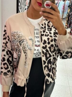 Casual Regular Fit Leopard Print Stand Collar Long Sleeve Bomber Jacket - Image 4