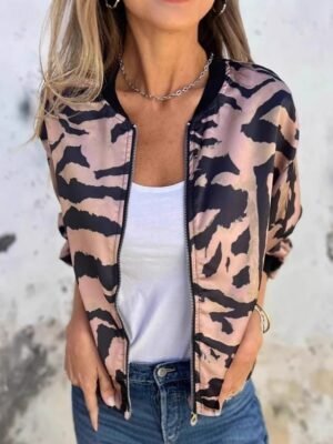 Casual Regular Fit Leopard Print Stand Collar Long Sleeve Bomber Jacket - Image 4