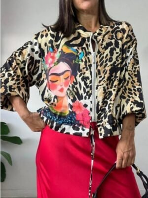 Casual Regular Fit Leopard Print Stand Collar Long Sleeve Bomber Jacket - Image 5