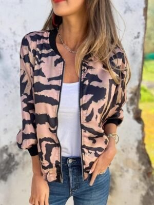 Casual Regular Fit Leopard Print Stand Collar Long Sleeve Bomber Jacket - Image 5