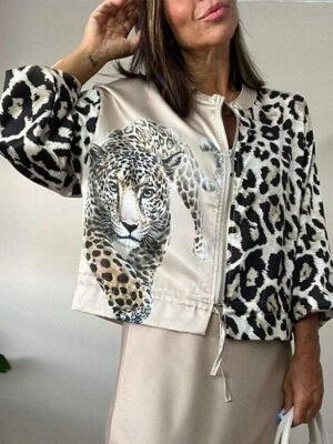 Casual Regular Fit Leopard Print Stand Collar Long Sleeve Bomber Jacket - Image 6