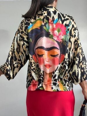 Casual Regular Fit Leopard Print Stand Collar Long Sleeve Bomber Jacket - Image 7