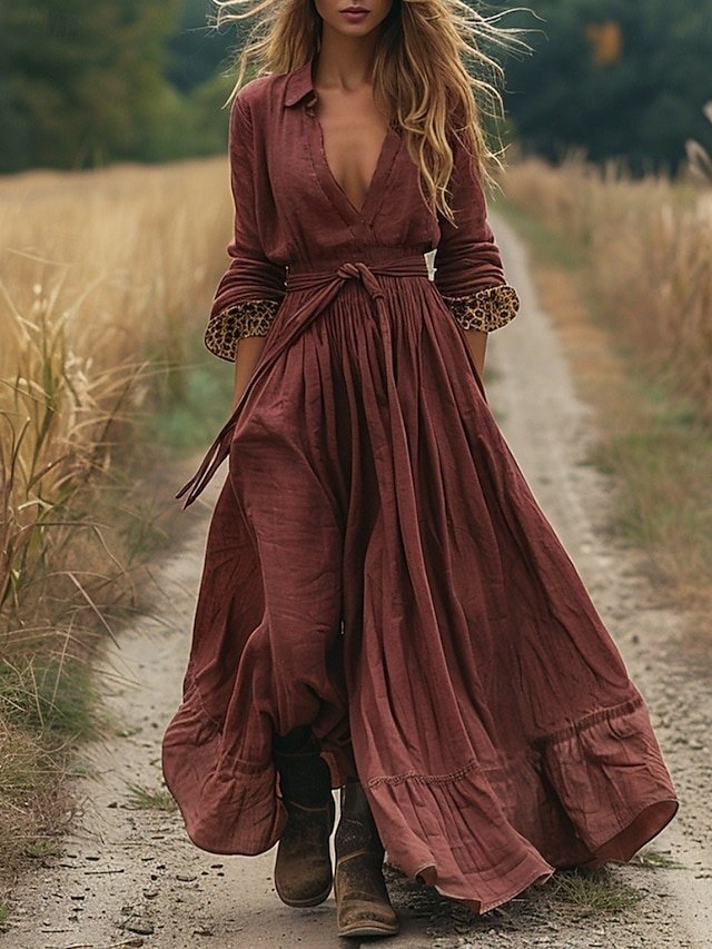 Casual Regular Fit Leopard V Neck Long Sleeve Maxi Dress - Image 1