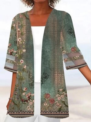 Casual Regular Fit Patchwork Floral Collarless 3/4 Sleeve Jacket - Image 4