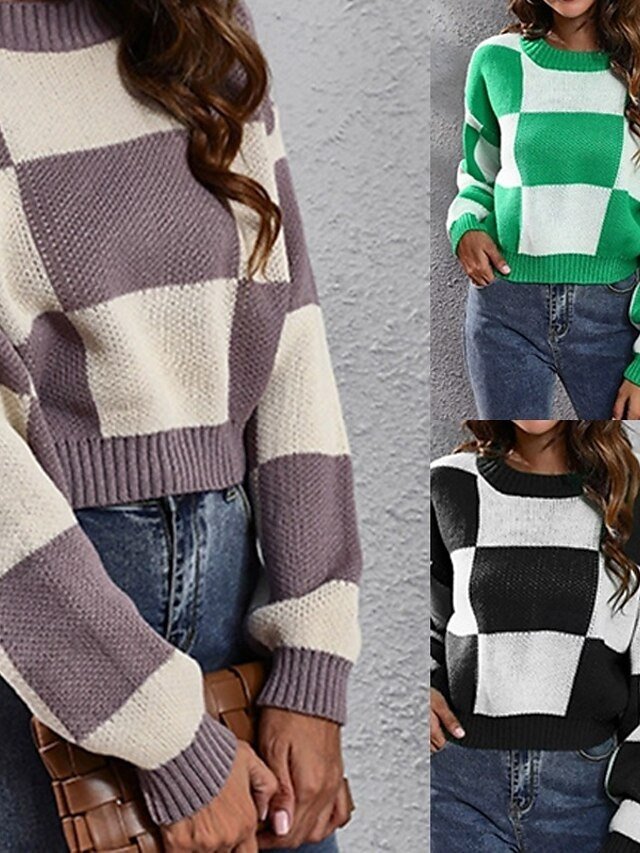 Casual Regular Fit Plaid Crew Neck Long Sleeve Regular Top - Image 1