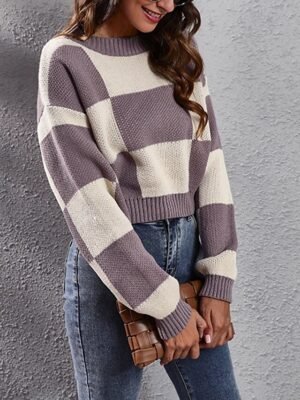 Casual Regular Fit Plaid Crew Neck Long Sleeve Regular Top - Image 2