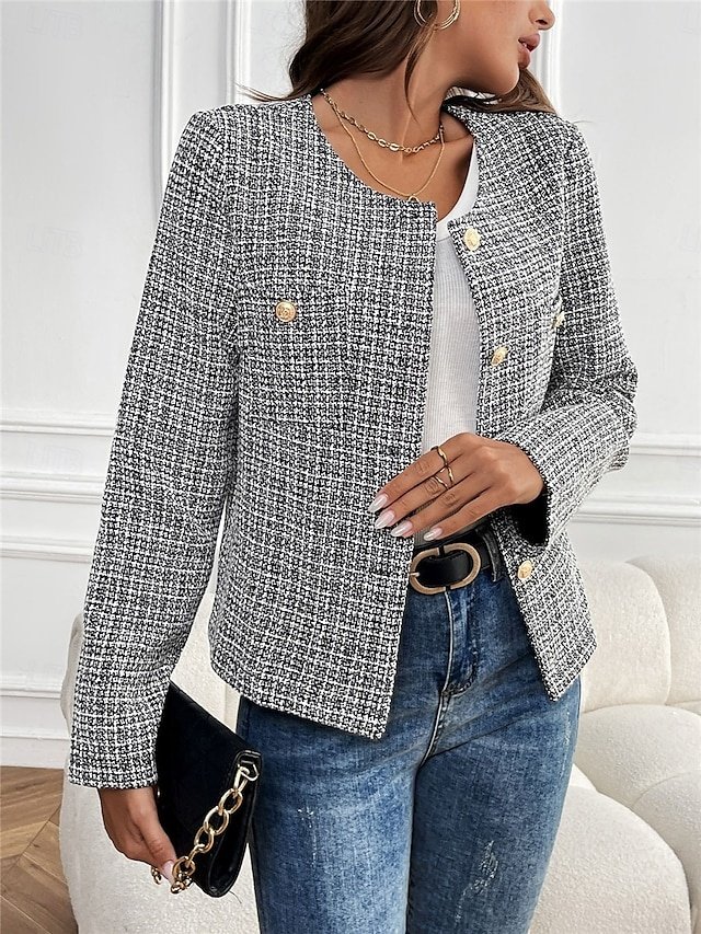 Casual Regular Fit Plaid Crewneck Long Sleeve Short Jacket - Image 1