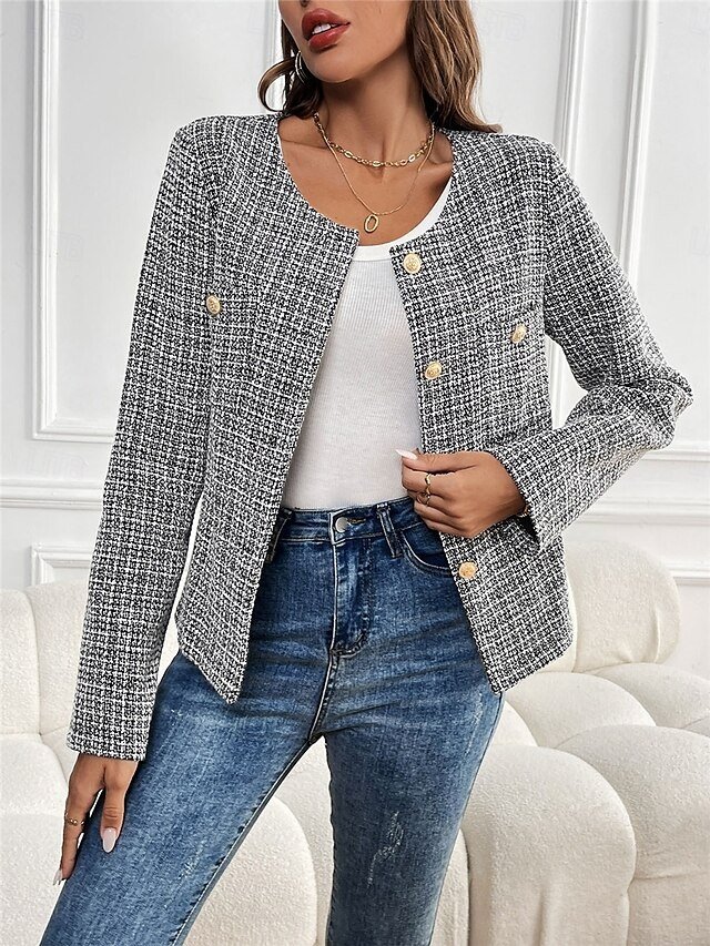 Casual Regular Fit Plaid Crewneck Long Sleeve Short Jacket - Image 2