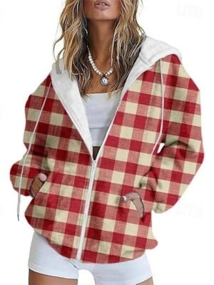 Casual Regular Fit Plaid Hooded Long Sleeve Jacket - Image 1