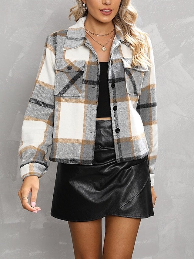 Casual Regular Fit Plaid Lapel Long Sleeve Shirt Jacket - Image 1