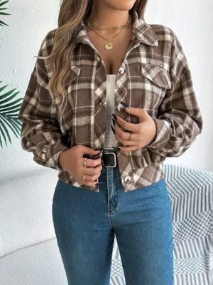 Casual Regular Fit Plaid Stand Collar Long Sleeve Short Shirt Jacket - Image 10