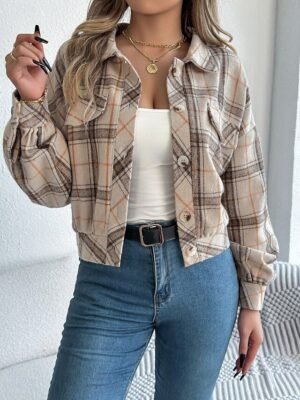 Casual Regular Fit Plaid Stand Collar Long Sleeve Short Shirt Jacket - Image 17