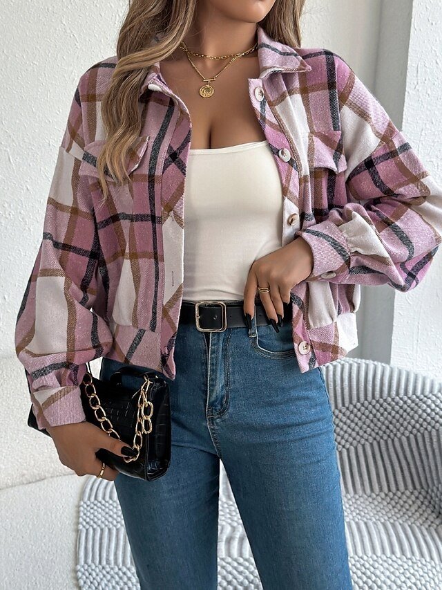Casual Regular Fit Plaid Stand Collar Long Sleeve Short Shirt Jacket - Image 2