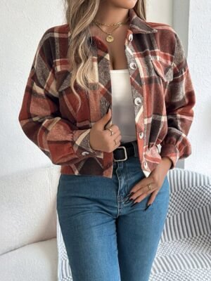 Casual Regular Fit Plaid Stand Collar Long Sleeve Short Shirt Jacket - Image 22