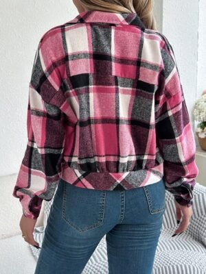 Casual Regular Fit Plaid Stand Collar Long Sleeve Short Shirt Jacket - Image 27