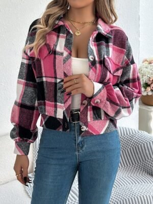 Casual Regular Fit Plaid Stand Collar Long Sleeve Short Shirt Jacket - Image 28