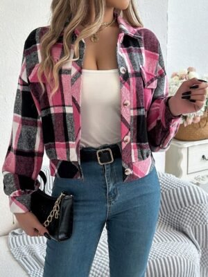 Casual Regular Fit Plaid Stand Collar Long Sleeve Short Shirt Jacket - Image 31