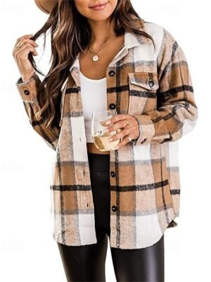 Casual Regular Fit Plaid Turndown Long Sleeve Shirt Jacket - Image 1