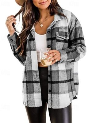 Casual Regular Fit Plaid Turndown Long Sleeve Shirt Jacket - Image 4