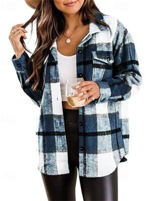 Casual Regular Fit Plaid Turndown Long Sleeve Shirt Jacket - Image 5