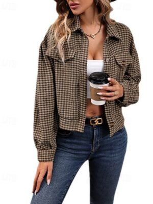 Casual Regular Fit Plaid Turndown Long Sleeve Jacket - Image 5