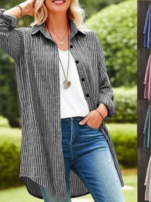 Casual Regular Fit Plaid Turndown Long Sleeve Long Shirt Jacket - Image 6