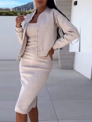 Casual Regular Fit Plain Button Long Sleeve Midi Dress Set - Image 1