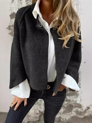 Casual Regular Fit Plain Crewneck Long Sleeve Short Jacket - Image 5